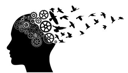 Silhouette of a human head with gears and birds flying out representing thoughts and ideas