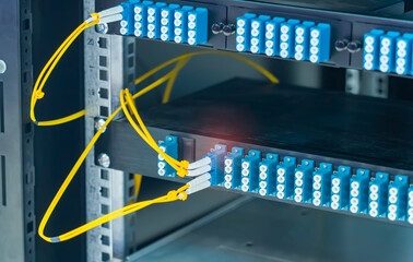 fiber optic cable on servers and hardwares in an internet data center
