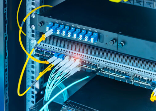 fiber optic cable on servers and hardwares in an internet data center