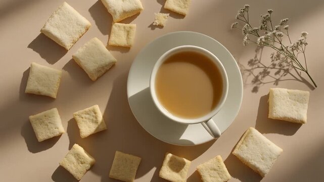 Cup of milk tea with shortbread cookies on beige background in warm sunlight.