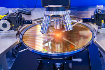 silicon wafer with needles for test of semiconductor on the probe station,examining a sample of...