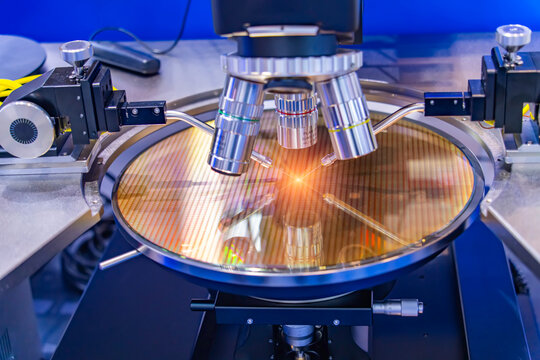 silicon wafer with needles for test of semiconductor on the probe station,examining a sample of microchip transistor