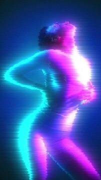 Ad template. Vibrant neon silhouette of woman in ecstatic pose under glowing cyber lights. Concept of nightclub event posters, fashion editorial layouts, dance studio campaigns, and AR beauty filters.