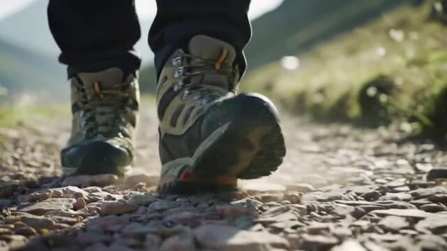 A low-angle close-up shot of a hiker's boots walking along a rocky mountain trail.