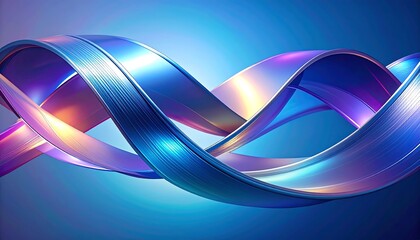 A vibrant digital artwork features interwoven, metallic ribbons. The sleek bands twist and curve against a gradient blue backdrop. Colors shift