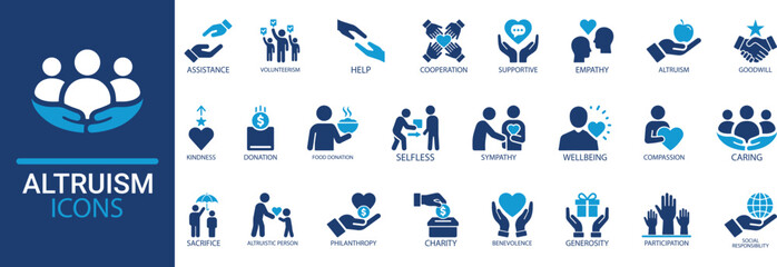 Altruism icon set. Containing charity, assistance, volunteerism, selfless, sympathy, compassion, kindness, selfless, benevolence and more. Solid vector icons set collection.