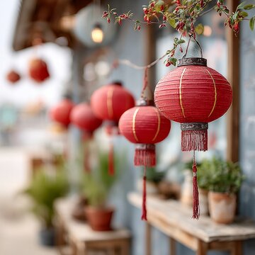 Decoraci&oacute;n con faroles rojos para la celebraci&oacute;n del A&ntilde;o Nuevo Lunar en un mercado local