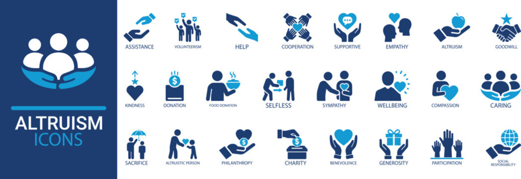 Altruism icon set. Containing charity, assistance, volunteerism, selfless, sympathy, compassion, kindness, selfless, benevolence and more. Solid vector icons set collection.