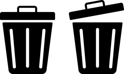 Black silhouette of two trash cans one open one closed