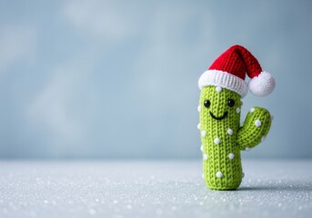 Adorable crocheted cactus wearing a Santa hat for Christmas holidays.