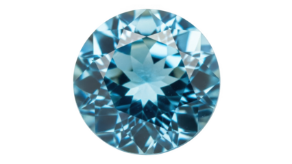 Round cut light blue gemstone with brilliant facets on black background faceted