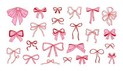 Coquette cute bows. Doodle pink ribbon in whimsical romantic feminine style vector set perfect for textile, fashion and celebration. Wedding, birthday gift decoration, hand drawn isolated clipart