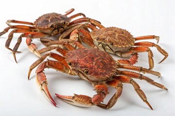 Three freshly caught spider crabs on a white background