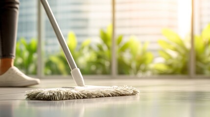 Woman mopping floor with a cleaning tool