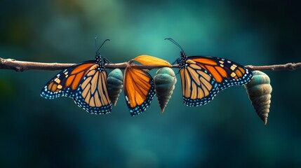 Two butterflies and their pupae on a branch symbolise transformation, which is suitable for visualising themes of growth and change as a decorative background in educational projects.