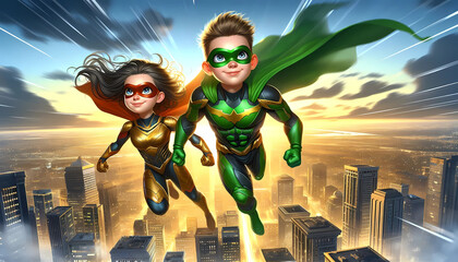 young superheroes flying high