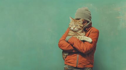 A person gently hugs a ginger cat, creating an atmosphere of cosiness and warmth, which is ideal for an atmospheric backdrop in advertisements 