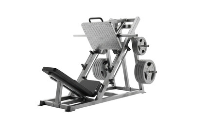 Silver leg press machine with weight plates on black background gym equipment weight training
