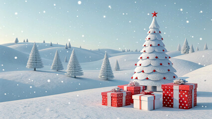 Winter Wonderland Christmas Landscape with Snowy Tree and Gift Boxes