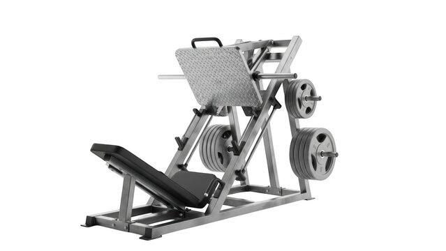 Silver leg press machine with weight plates on black background gym equipment weight training