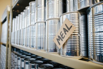 Foods donate program charity concept. Shelves filled with silver cans labeled as meals for storage or distribution.