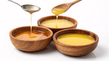 Pure Ghee in Wooden Bowls &ndash; Golden Clarified Butter, Ayurvedic Ghee, Organic Desi Ghee Liquid