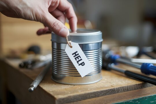 Foods donate program charity concept. Hand placing a labeled canister on a workbench, surrounded by tools. - Powered by Adobe