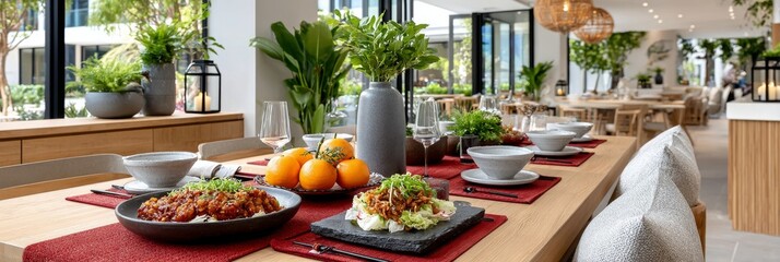 Obraz premium Celebración del Año Nuevo Lunar en un ambiente elegante con comida típica y decoración