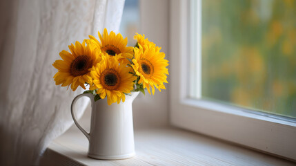 Bright yellow sunflowers in white pitcher on kitchen windowsill for cheerful home decor