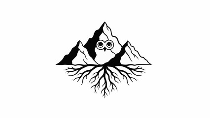 Fototapeta premium Whimsical owl peeking from behind majestic mountain peaks with exposed roots.