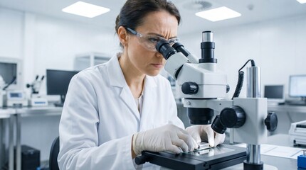 Focused Female Scientist Using Microscope in Laboratory
