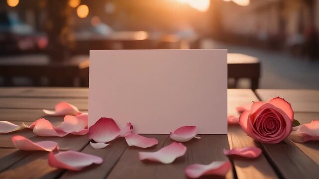 Blank greeting card with pink rose petals at sunset.