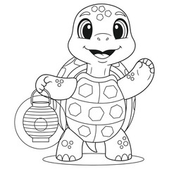 Cute Cartoon Turtle Holding Lantern Line Art | Adorable Turtle Coloring Page | Kid-Friendly Animal Illustration | Black and White Outline Drawing
