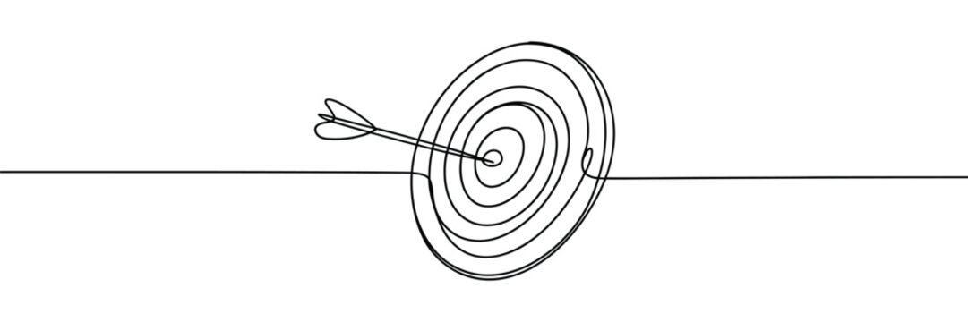 Target with arrow continuous line drawing, vector illustration of hand-drawn goal circle, linear minimalist concept for success, aim, and precision design.