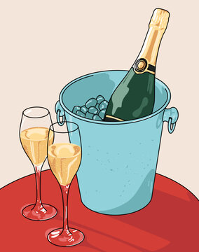 Chilled Gold and Green Champagne Bottle in a Classic Ice Bucket with Two Elegant Flutes and Delicate Bubbles on a Red Table on a Light Background