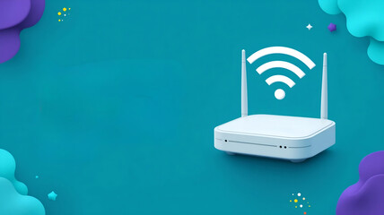 3D white wireless router icon with a Wi-Fi signal symbol against a vibrant teal background with decorative purple and yellow clouds; ideal for internet connectivity and networking concepts.