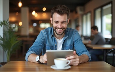 Smiling freelancer using tablet for work. In front of him on a table cup of coffee. Cafeteria interior. High quality
