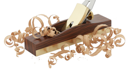 Wood plane with curly wood shavings on black background woodworking curls