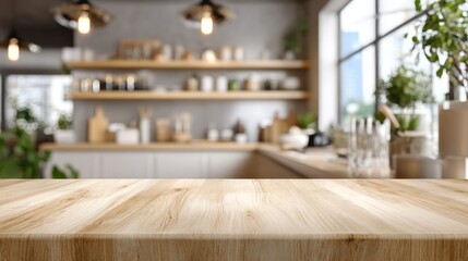 Wooden tabletop with blurred kitchen view