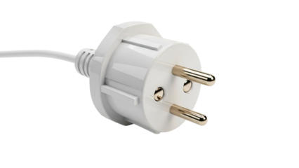 White European electrical power plug with a connected cable, designed for safely connecting household appliances to the main power supply, isolated on a clean background
