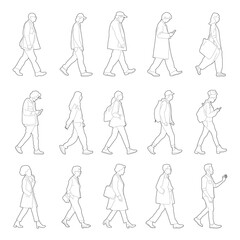 Collection of CAD drawnings of walking people vector templates for digital model of architecture and urbanism and design projects