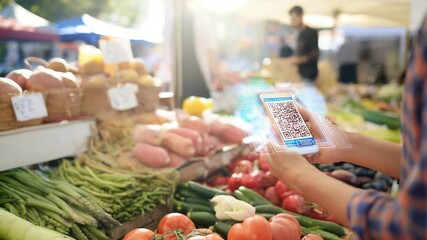 Customer scans QR code with phone for contactless payment at organic farmer’s market with glowing HUD overlay - Powered by Adobe