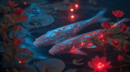 Holographic koi fish pond, glowing koi flickering like projections, soft light and reflections, futuristic vibe