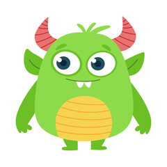 Cute Green Cartoon Monster with Horns. Friendly Funny Kids Character Illustration in Flat Vector Style, Isolated Creature for Stickers and Children&rsquo;s Designs
