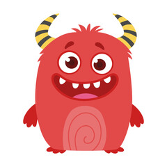 Cute Red Cartoon Monster Character. Funny Kid-Friendly Creature with Horns.