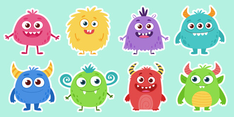 A cute and colorful set of cartoon monster stickers. A funny collection of friendly children's characters in a flat vector style, isolated playful creatures.