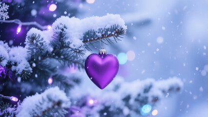 Purple heart ornament on Christmas tree during a snowfall