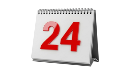 White desk calendar prominently featuring the red number 24, symbolizing crucial deadlines, important scheduled events, and effective time management for business and personal organization