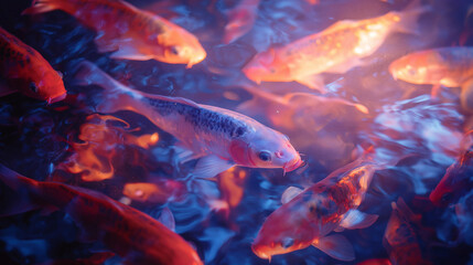 Holographic koi fish pond, glowing koi flickering like projections, soft light and reflections, futuristic vibe
