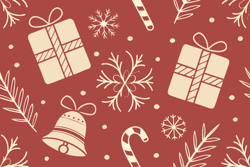 Seamless Flat Vector Christmas Pattern with Gifts, Candy Canes, and Snowflakes on Red Background. Christmas seamless pattern